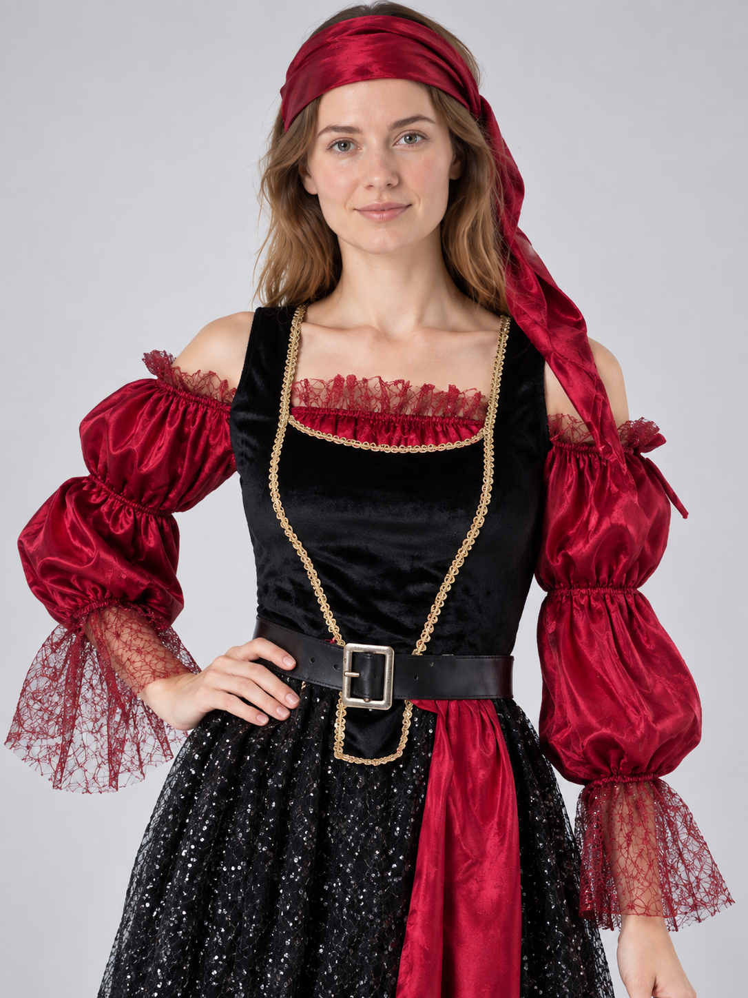Pirate Costume with Black and Red Dress and Belt