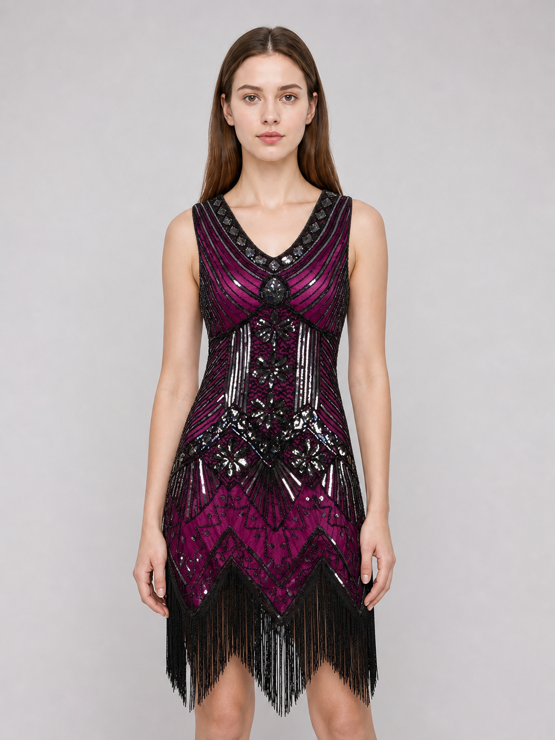 1920s-Style Flapper Dress with Fringe and Sequins