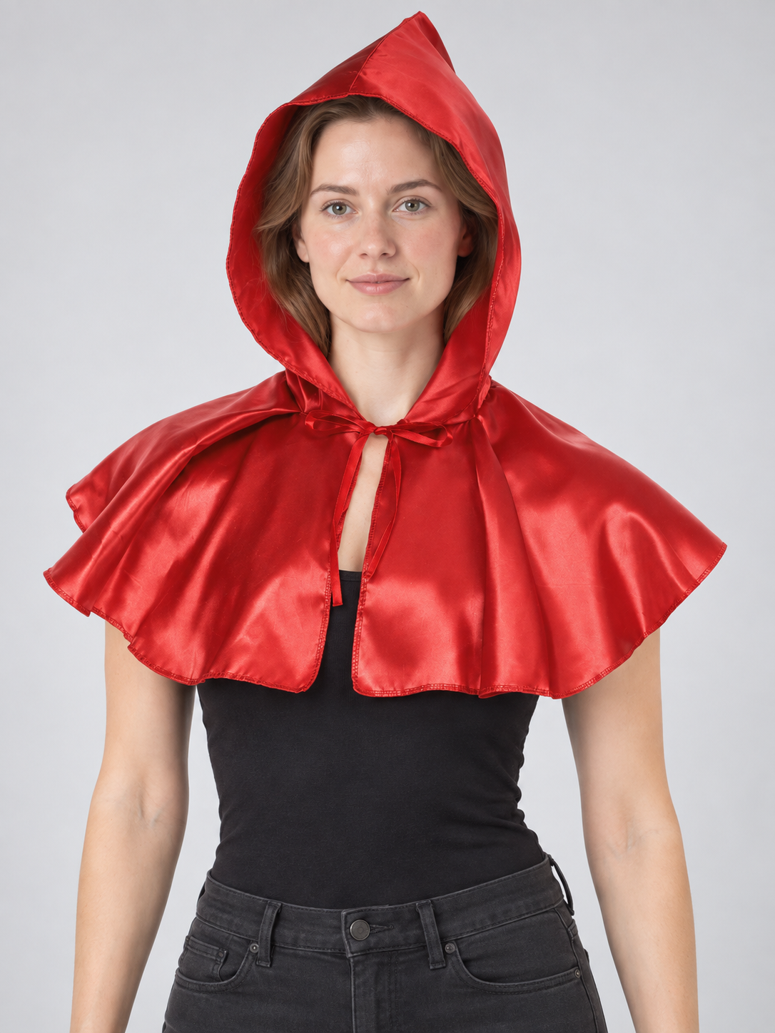 Red Short Glossy Hooded Cape with Ties