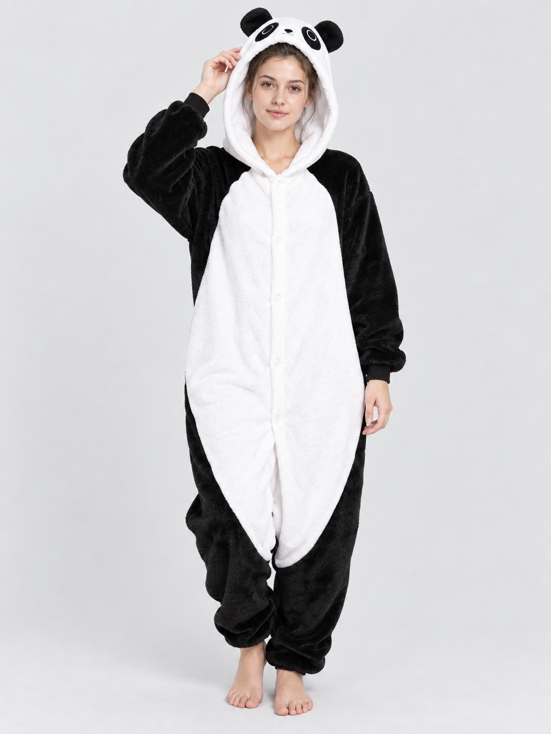 Black and White Panda Hooded Pajama Jumpsuit with Ears