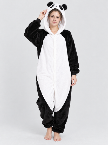 Black and White Panda Hooded Pajama Jumpsuit with Ears