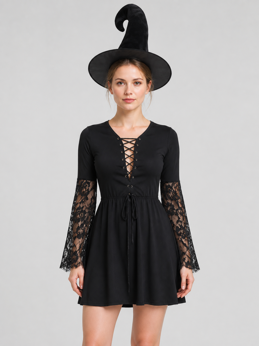 Black Witch Dress with Lace Sleeves, Necklace, and Hat Costume Dresses detail 3