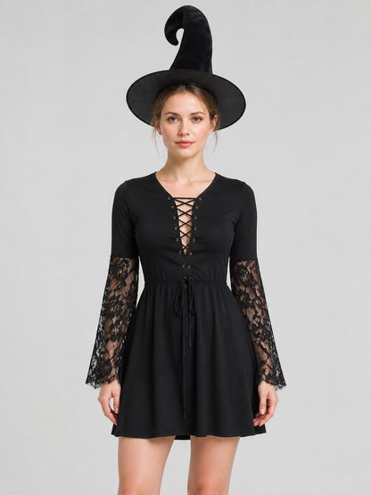 Black Witch Dress with Lace Sleeves, Necklace, and Hat Costume Dresses detail 3