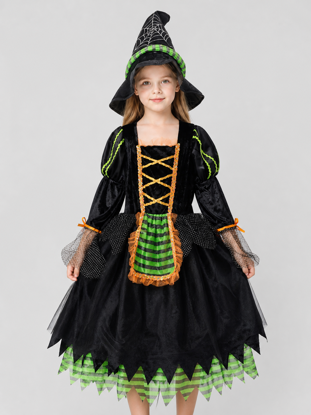 Children's Witch Costume with Striped Skirt and Hat Costume Headwear detail 2