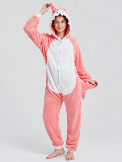 Pink Fleece Hooded Pajama Jumpsuit with Tail