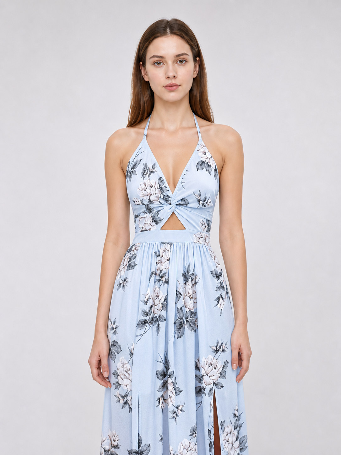 Maxi Dress with Floral Print and V-Neckline