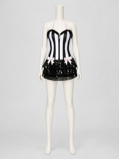 Black-and-White Striped Stage Costume with Pink Bow Costume Accessories detail 3