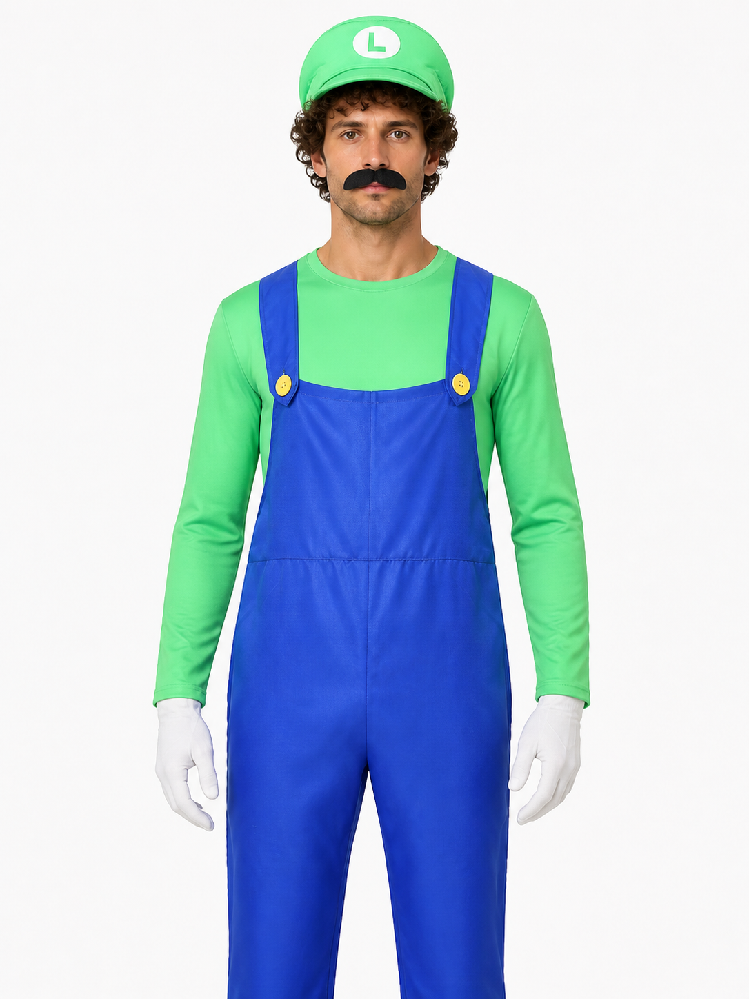 Green Luigi Cosplay Costume with Mustache and Hat Costume Headwear detail 3