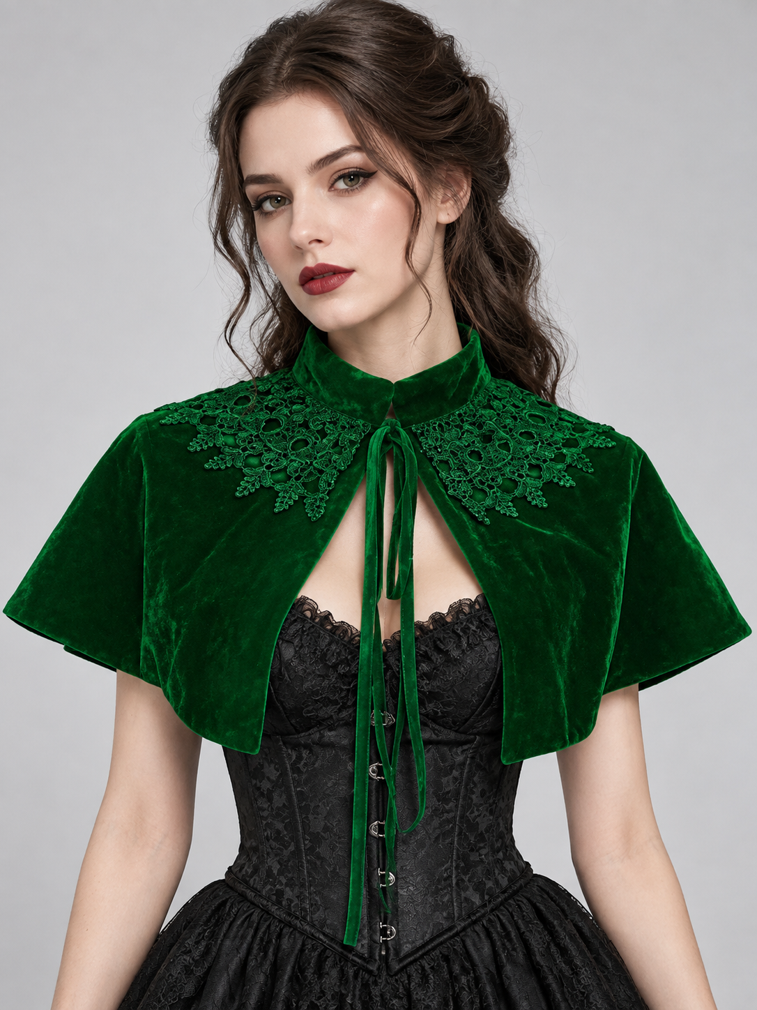 Green Velvet Capelet with Lace and High Collar