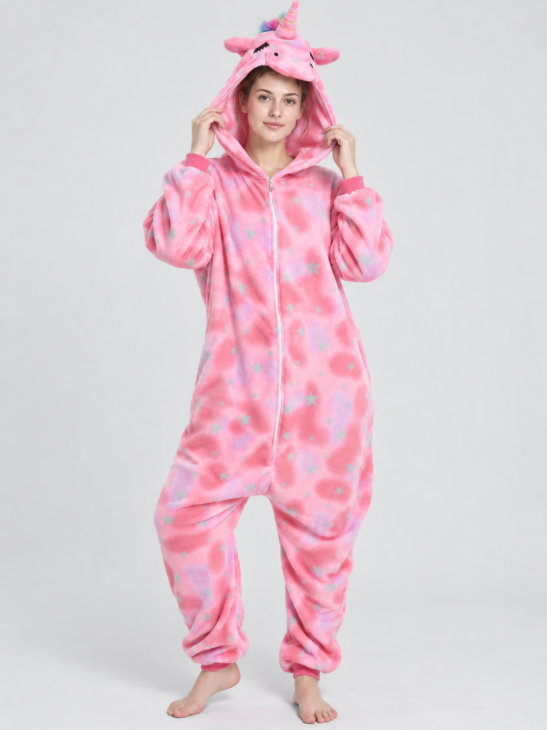 Pink Plush Hooded Unicorn Pajama Jumpsuit