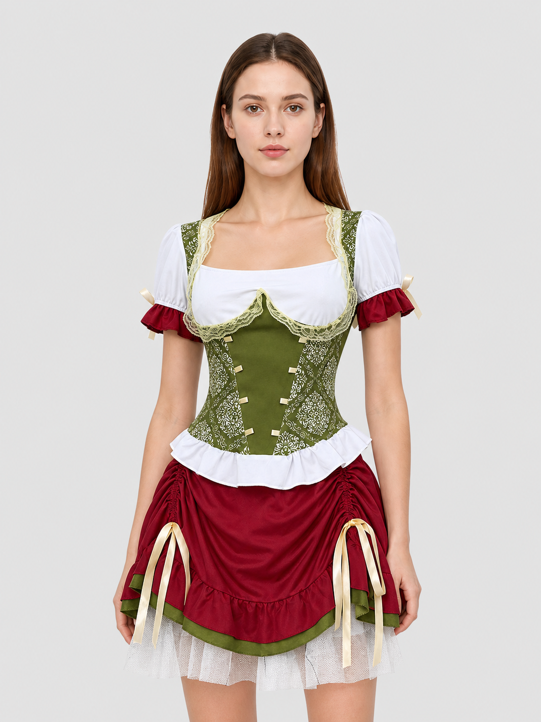 Costume with a corset-style top, skirt, hat, and ribbons