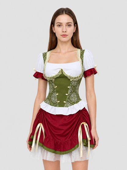 Costume with a corset-style top, skirt, hat, and ribbons