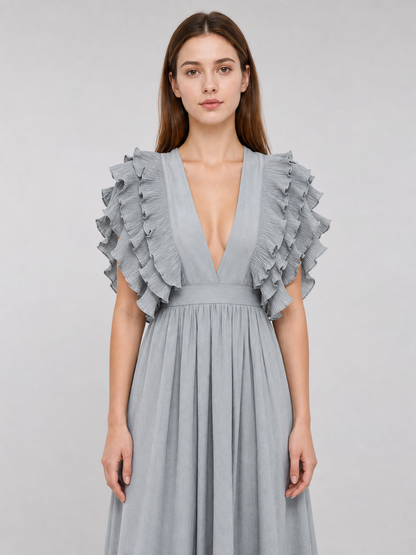 Long Evening Dress with a Deep V-Neckline
