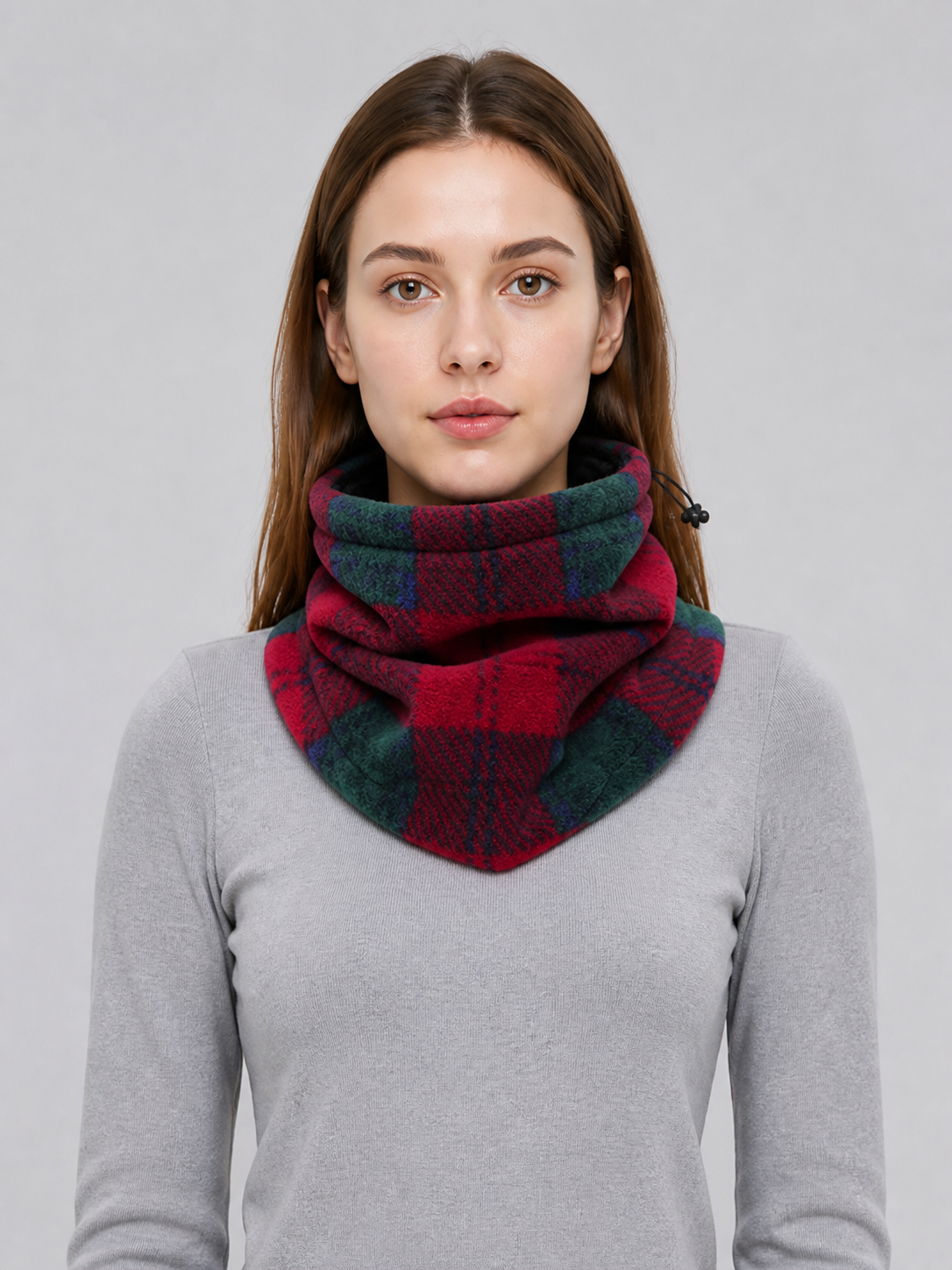 Insulated red neck gaiter with a plaid pattern product detail 2
