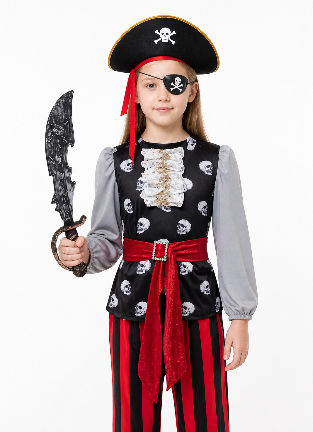 Black and Red Pirate Costume with Hat, Sword, and Eye Patch Costume Headwear detail 3