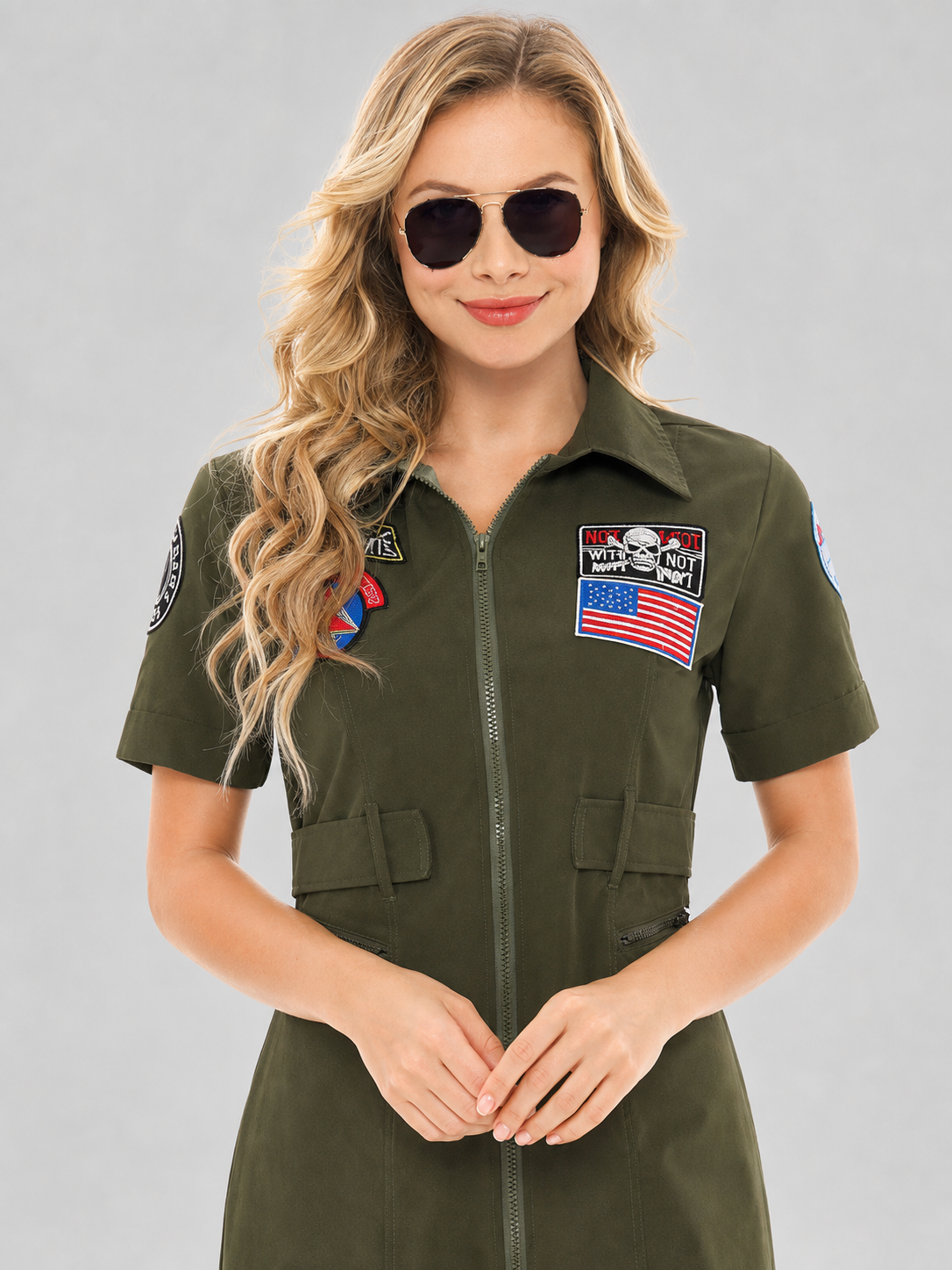 Military-Style Dress with Patches and Ruffles