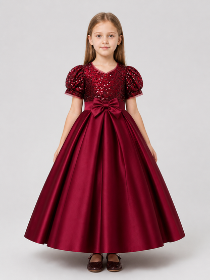 Burgundy Sequin Princess Dress for Girls, Floor-Length Costume Dresses detail 3