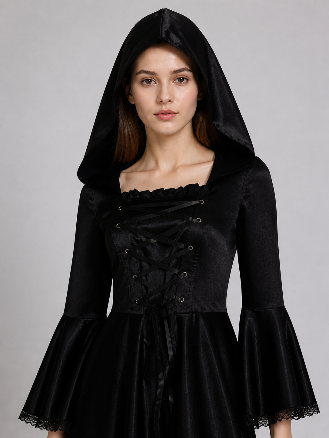 Long Gothic Hooded Lace-Up Dress Costume Dresses detail 2