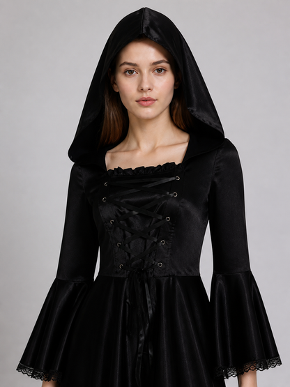 Long Gothic Hooded Lace-Up Dress Costume Dresses detail 2