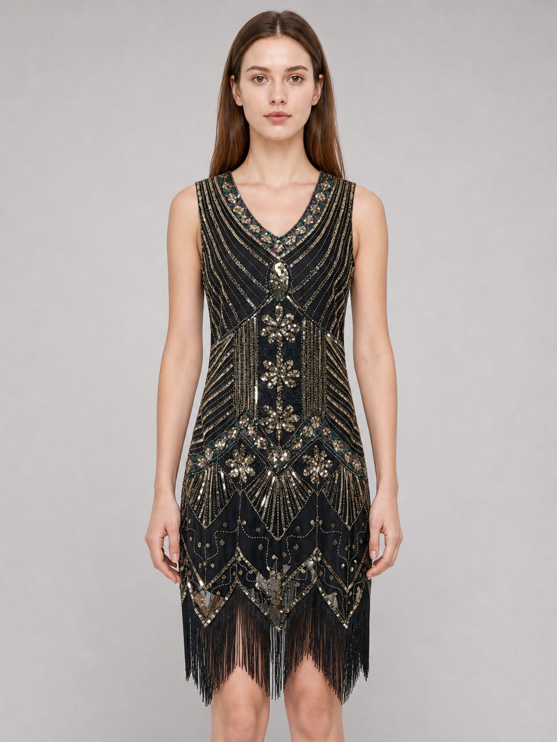 Art Deco Dress with Geometric Decoration and Fringe