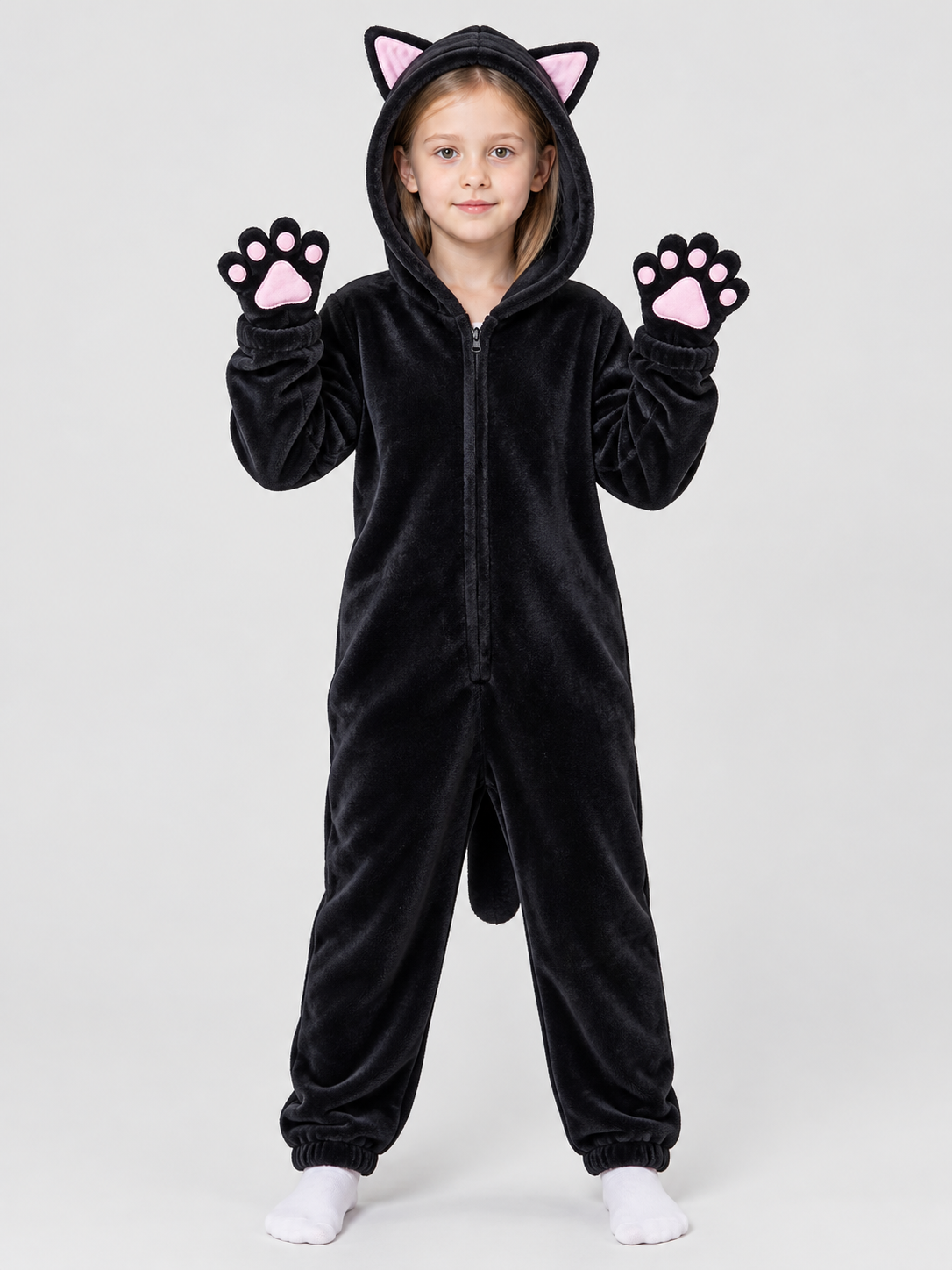 Black Plush Hooded Pajama Jumpsuit with Cat Hood