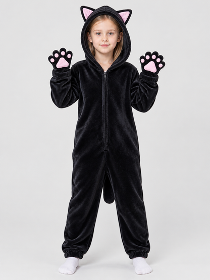 Black Plush Hooded Pajama Jumpsuit with Cat Hood