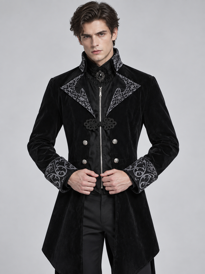 Black tailcoat with a high collar and silver embroidery