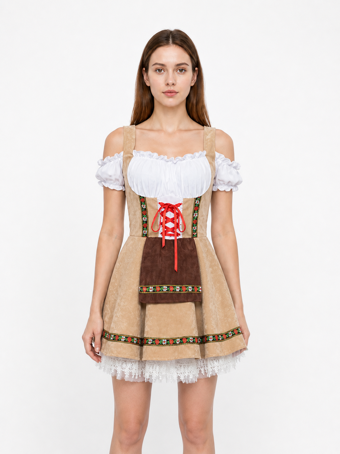 Bavarian Traditional Costume with Red Lacing and Lace