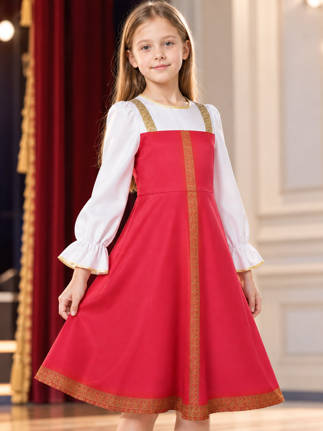 gold red white gold long sleeve flared cosplay dress product image 6