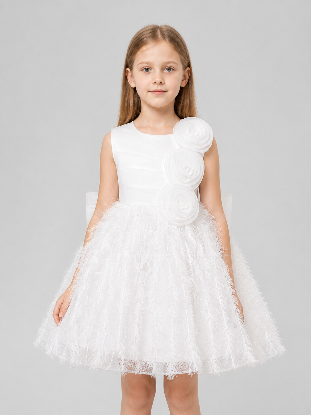 White Formal Dress with a Full Tulle Skirt and Roses