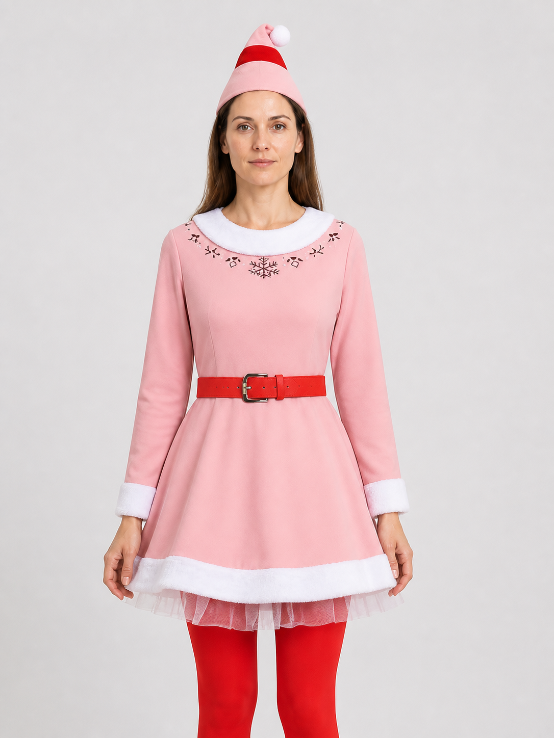 Christmas Elf Costume: Pink Dress with White Trim Costume Dresses detail 3