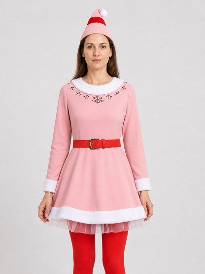 Christmas Elf Costume: Pink Dress with White Trim Costume Dresses detail 3