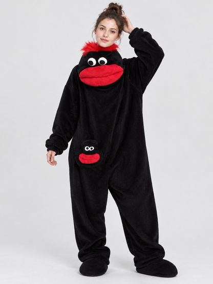 Black Coral Fleece Pajama Jumpsuit with Appliqué
