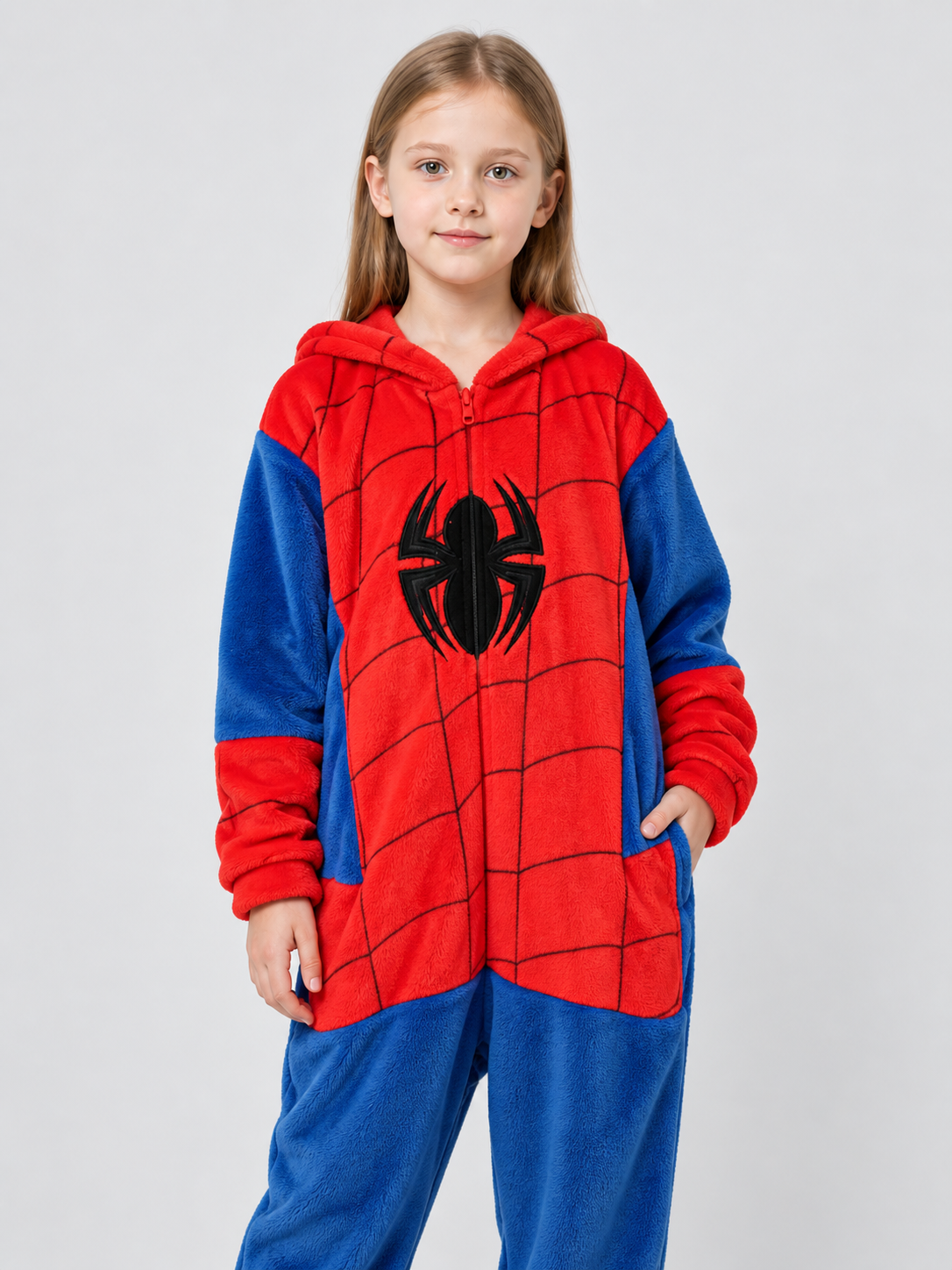 Red and Blue Fleece Pajama Jumpsuit with Spider Print