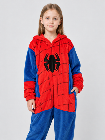 Red and Blue Fleece Pajama Jumpsuit with Spider Print