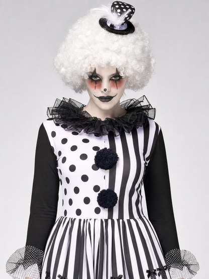 Black-and-white clown costume with a full skirt and decorative details for a Halloween look, themed party, or cosplay. The design is inspired by a circus clown: the top combines contrasting areas with black dots and vertical stripes, while 