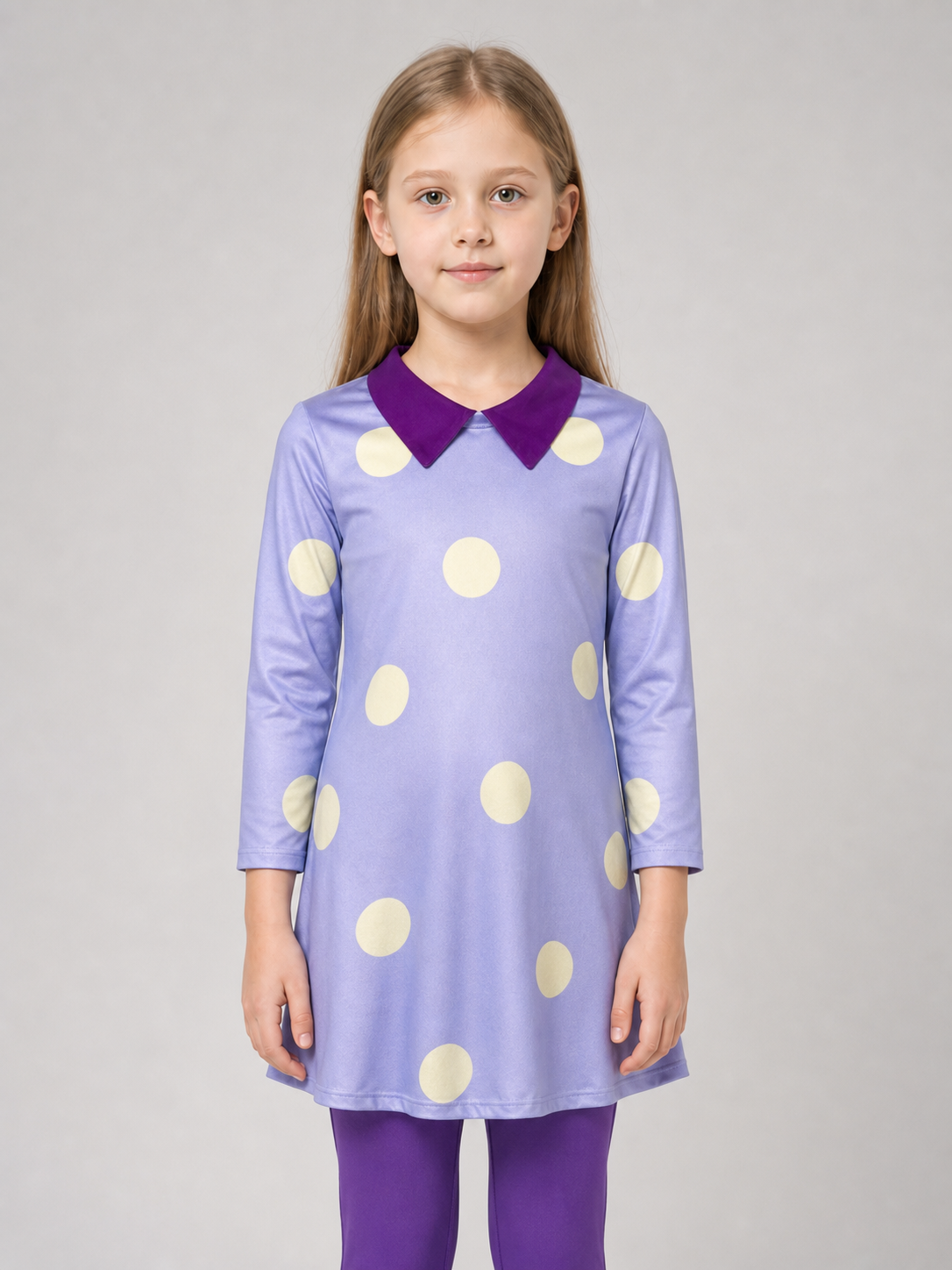 A bright costume set in the style of the character from Inside Out 2 is designed for a themed look and an eye-catching transformation. The set includes a long-sleeve tunic dress, matching leggings, and a headpiece with the character’s face 
