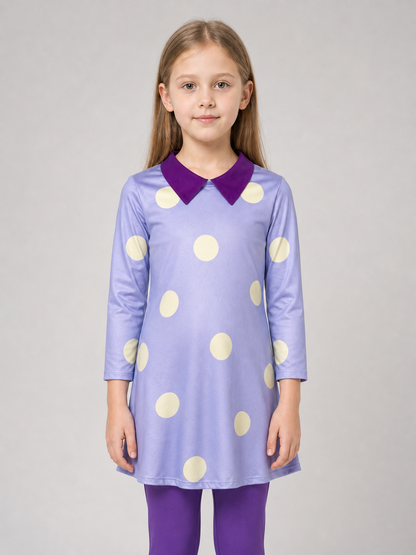 A bright costume set in the style of the character from Inside Out 2 is designed for a themed look and an eye-catching transformation. The set includes a long-sleeve tunic dress, matching leggings, and a headpiece with the character’s face 