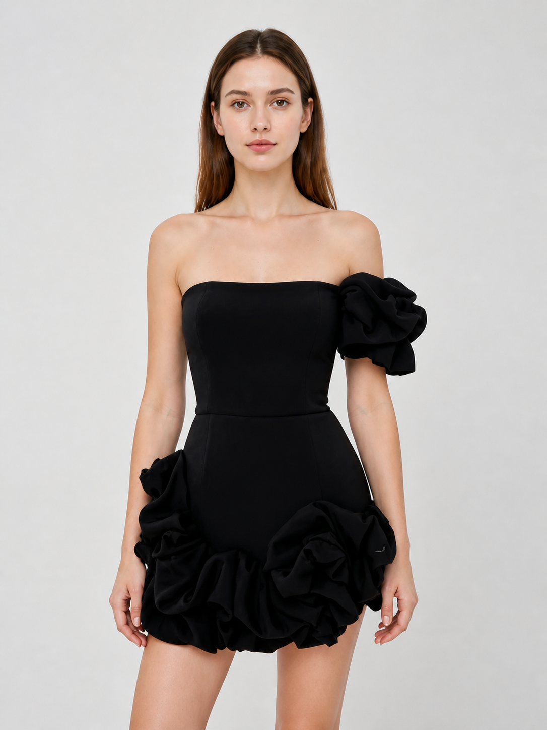 Short fitted black dress with ruffles Costume Dresses detail 3
