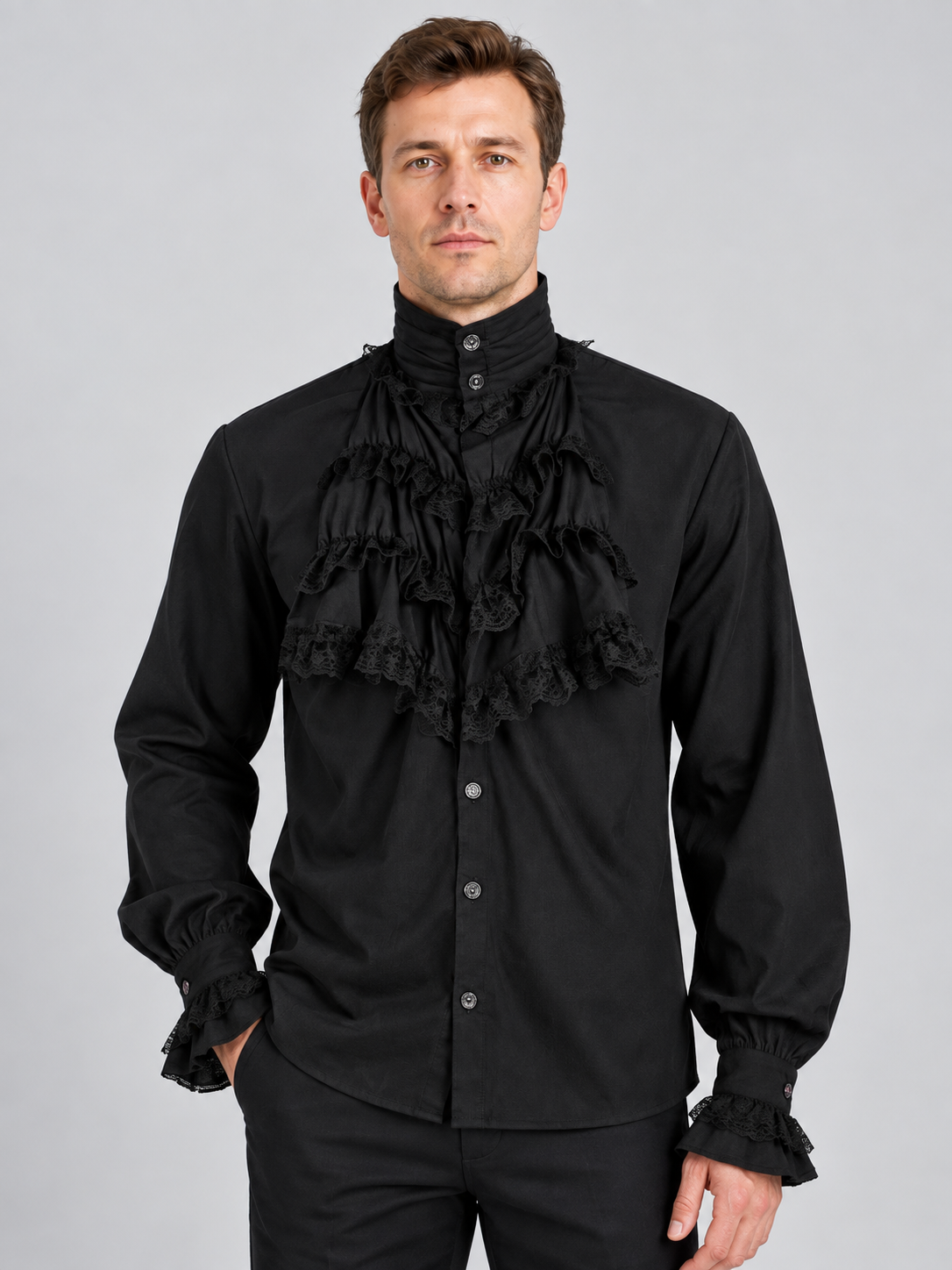 Black Gothic-Style Shirt with High Collar and Ruffles