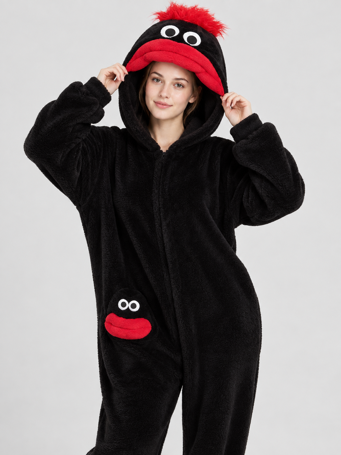 Black Coral Fleece Hooded Pajama Jumpsuit
