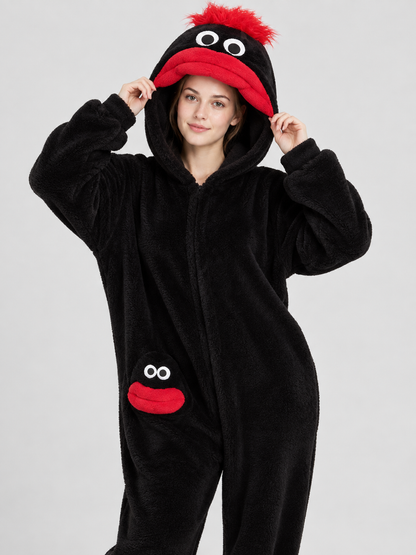Black Coral Fleece Hooded Pajama Jumpsuit