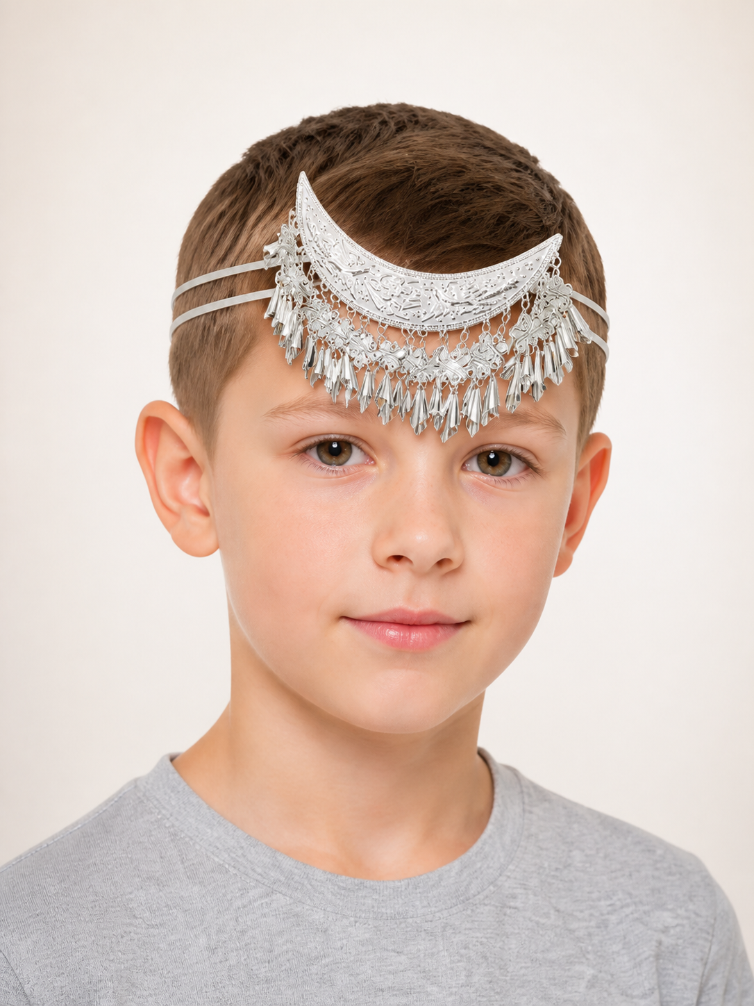 Carnival Headpiece, Silver Crescent Moon with Tassels Costume Headwear detail 2