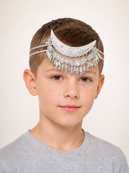 Carnival Headpiece, Silver Crescent Moon with Tassels Costume Headwear detail 2
