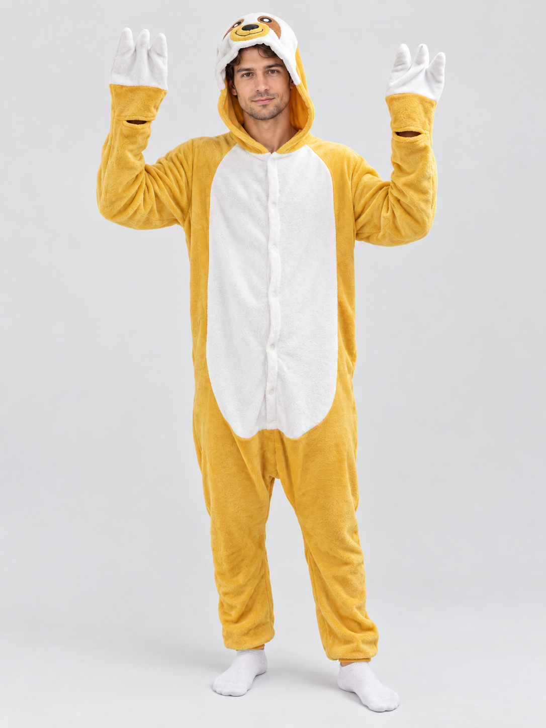 Yellow and White Flannel Kigurumi Pajama with Hood
