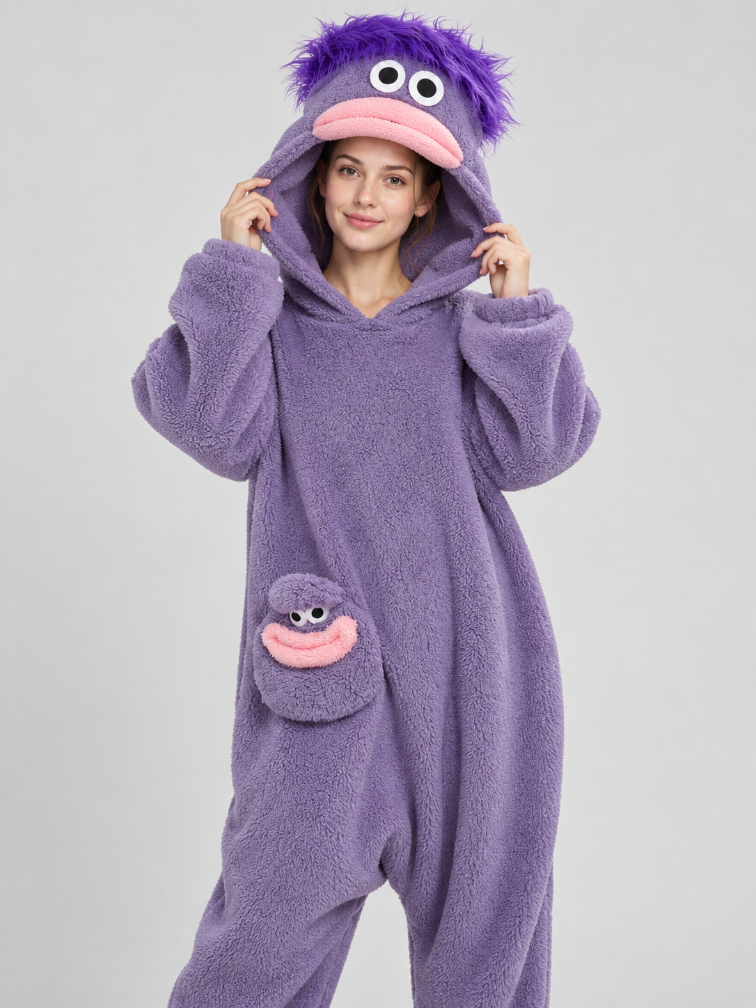 Purple Pajama Jumpsuit with Cartoon Hood