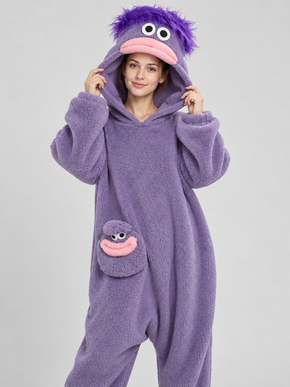 Purple Pajama Jumpsuit with Cartoon Hood