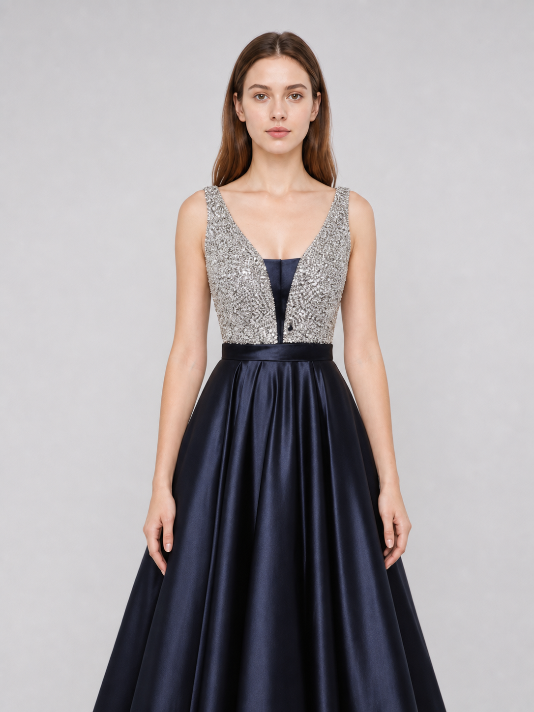 Elegant floor-length dress with a V-neckline