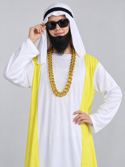 Carnival costume with scarf, beard, and chain, white and yellow