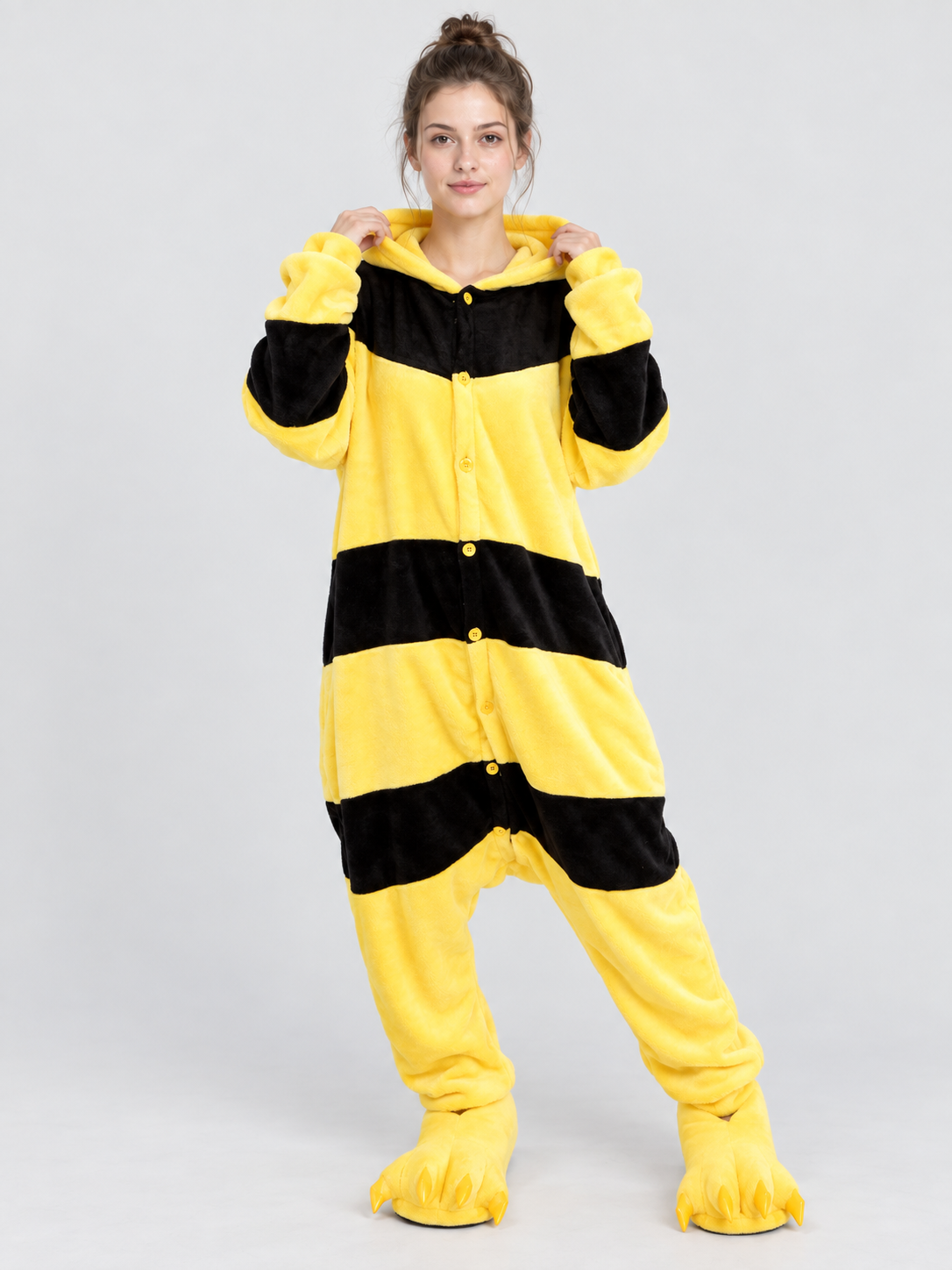 Yellow and Black Striped Hooded Pajama Jumpsuit